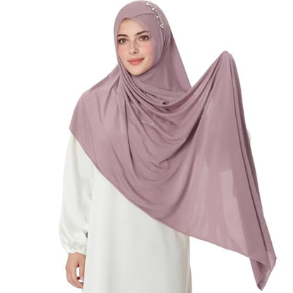 khalat Instant Hijab 여성용 무슬림 샤이니 라인스톤 데일리 스카프 부드럽고 신축성 있는 단색 이슬람 기도 히잡 - color: 라이트 퍼플