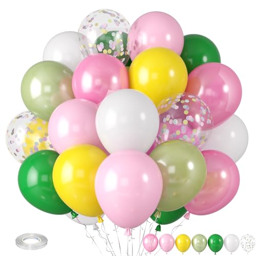 Hawaiian Balloons, Tropical Balloons Green Pink White Yellow Balloon Confetti Balloon for Beach Summer Baby Shower Luau Flamingo Tropical Theme Birthday Party Wedding Decorations - color: Tropical Green Pink