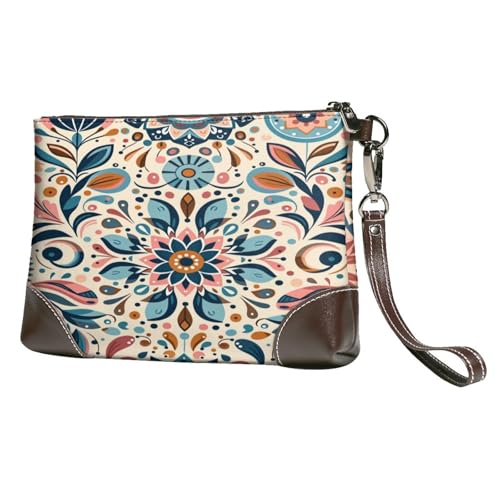 Leather Clutch Purse for Women, Large Capacity Wristlet Wallet with Removable Strap, Zip Handbag - color: Scandinavian Folk Art