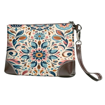 Leather Clutch Purse for Women, Large Capacity Wristlet Wallet with Removable Strap, Zip Handbag - color: Scandinavian Folk Art