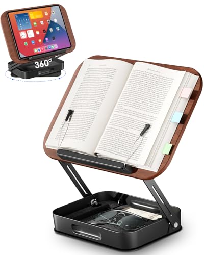 Viozon 360° Rotating Ergonomic Book Stand for Reading - Adjustable Wood Book Holder for Neck Pain Relief, for Heavy Textbooks & Cookbooks, No-Assembly Hands-Free Stand for Students & Home Office