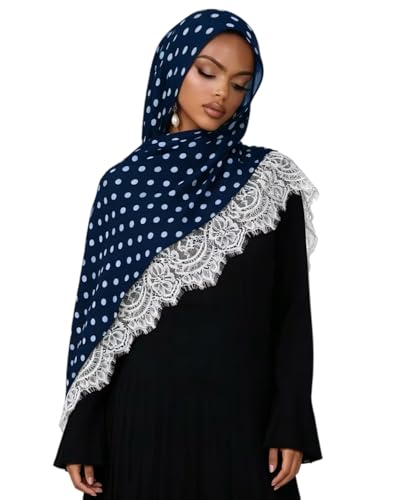 JUMISEE Elegant Floral Lace Hijab Scarf for Women Soft Cotton Head Wrap Instant Hijab Long Scarves Evening Dress Shawl - color: Navy Blue Polka Dot