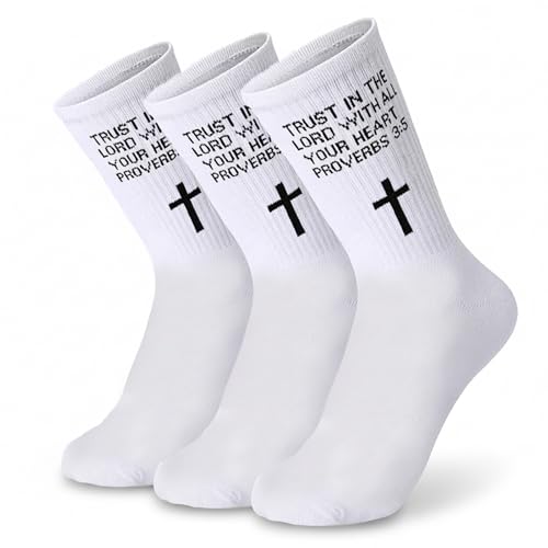 3 Pair Christian Socks Prayer Garter Bible Verse Birthday Gift for Dad, Mom, Husband, Son, Easter, Christmas - color: Proverbs 3:5 - White