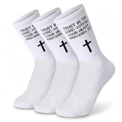3 Pair Christian Socks Prayer Garter Bible Verse Birthday Gift for Dad, Mom, Husband, Son, Easter, Christmas - color: Proverbs 3:5 - White