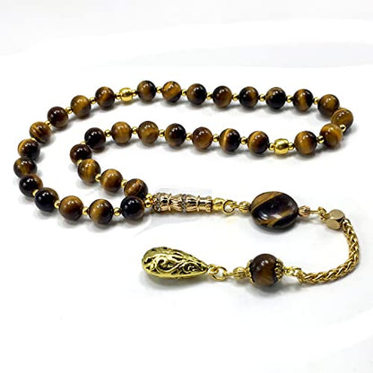 Design -Tiger Eye Stone Series Worry Beads - Prayer Beads (8 mm-33 Beads) Tesbih-Tasbih-Tasbeeh-Misbaha-Masbaha-Subha-Sebha-Sibha-Rosary (Tiger Eye Stone-Gold Tassel) - color: Tiger Eye Stone-Gold Tassel