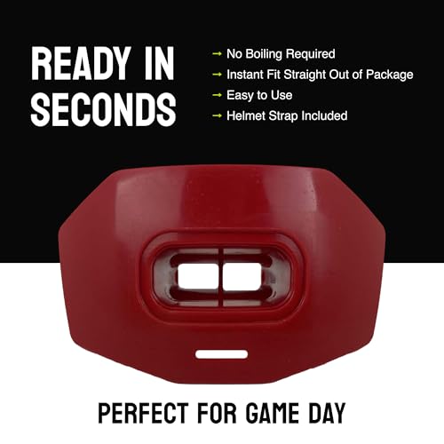 DAMAGE CONTROL Youth Football Mouth Guard – Breathable No Boil Mouthpiece, Protects Lips & Teeth, Works with Braces, Includes Helmet Strap – Sports Gear & Accessories (Red) - color: Red
