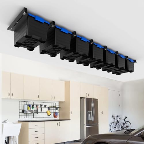 EVERHANGER Ceiling Storage Rack, Heavy Duty Overhead Storage Rack for Garage, Adjustable Ceiling Bin Storage System, 8 Sets for 7 Bins, 16 Inch - style: For 7 Bins