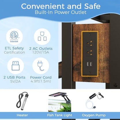 METYERRY 55 Gallon Fish Tank Stand with Power Outlet,Adjustable Aquarium Stand, Heavy Duty Terrarium Stand,Metal Frame Reptile Turtle Tank Stand Suitable for Home Office,860LBS Capacity, Rustic Brown - color: Rustic Brown, size: 55 Gallon