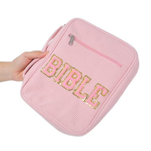 Bible Organizer Carrying Case for Religious Books and Temple Scriptures, Dustproof Corduroy Cover with Zippered Pocket, Pen Slots, and Handle, Stylish Pink Church Bible Storage Bag