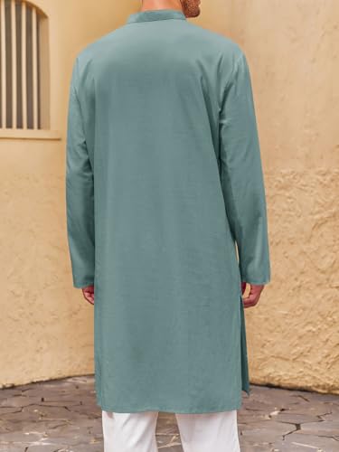 Runcati Mens Kaftan Thobe Button Down Henley Shirts Robe Long Sleeve Casual Cotton Pleated Muslim Gown Shirt - color: Bluish Gray, size: Medium