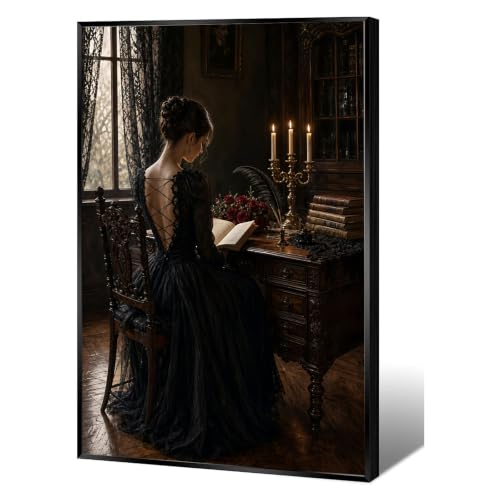 Dark Academia Woman Reading Canvas Wall Print Vintage Gothic Lace Dress Candelabra Red Rose Library Moody Wall Decor - color: Nature10, size: 8x12in Black Framed