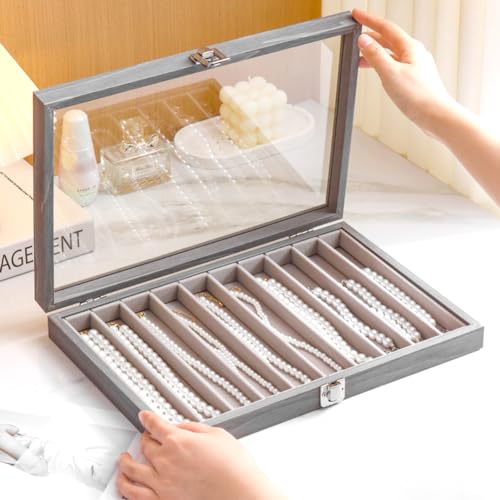 Glass Lid Necklace Organizer Box Transparent Necklace Holder Organizer Velvet Necklace Display Box Clear Lid Jewelry Storage Stackable Necklace Display Case for Women Girls (Grey) - color: Grey