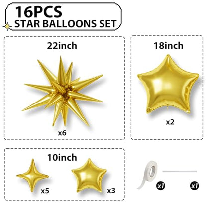 Gold Star Balloons,16Pcs 22/18/10 Inch Foil Birthday Graduation Decorations - color: Gold