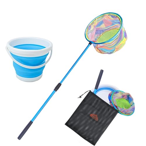 Fishing Nets with Bucket Fishing Retractable Landing Net Lightweight Aluminum Pole with Non-Slip Handle for Catch and Release and Release Frogs Butterfly Youth Outdoor - style: Blue