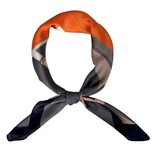 FONYVE Silk Feeling Scarf Medium Square Satin Head Scarf for Women 27.5 × 27.5 inches - color: 04 Orange & Purple Chain