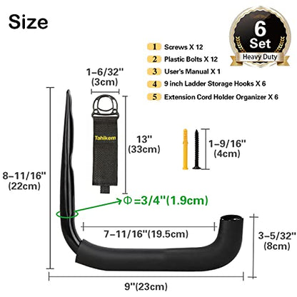 6 Set Garage Wall Mounts, 9 Large Wall J Hooks, Black - Heavy Duty Extension Cord Hangers for Ladders, Mowers, Cables - size: 9 Inch- 6 Set