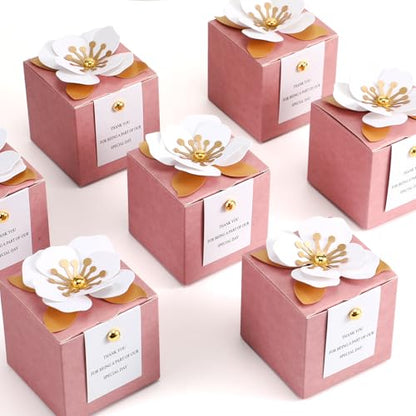 Affrolling 50 Pcs Wedding Favor Boxes with Thanks Card Square Flower Candy Boxes Paper Bridal Gift Box for Guests Wedding Bridal Shower Birthday Party Anniversary (Pink) - color: Pink