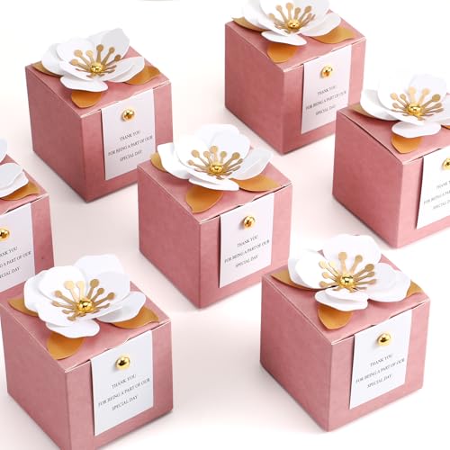 Affrolling 50 Pcs Wedding Favor Boxes with Thanks Card Square Flower Candy Boxes Paper Bridal Gift Box for Guests Wedding Bridal Shower Birthday Party Anniversary (Pink) - color: Pink