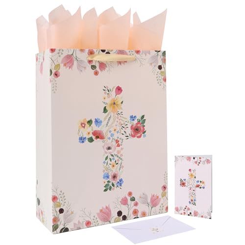16.5" Extra Large Floral Religious Gift Bag Set with Handles, Greeting Card, Tissue Papers and Stickers for Women Girls, for First Communions, Baby Girl Baptisms, Christenings, Religious Occasion, Clergy Day, Cross Design, 1 Pcs - color: (16.5'' Extra Lar