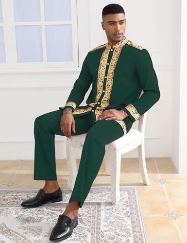 Mens African 2 Piece Set Nigerian Dashiki Metallic Traditional Suit Gold Stamp Printed Shirt and Pants Outfit - color: Dark Green, size: Small
