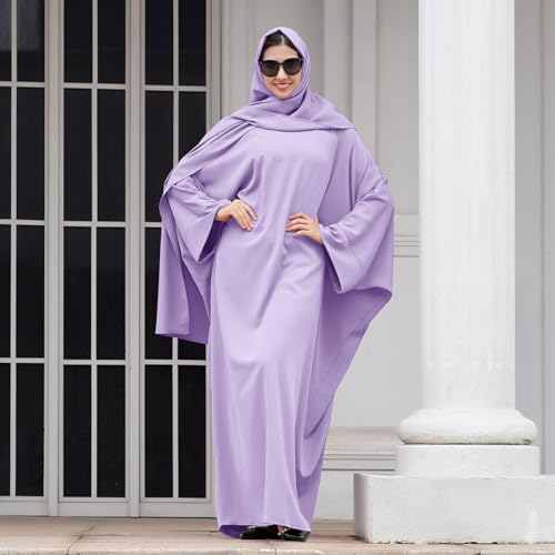 IDOPIP Abayas for Women Muslim Dress with Hijab, One-Piece Long Sleeve Islamic Prayer Dress with Khimar Jilbab Kaftan Clothes - color: Light Purple + Hijab