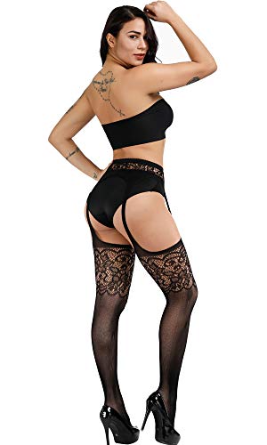 E-Laurels Womens High Waist Patterned Fishnet Tights Suspenders Pantyhose Thigh High Stockings Black - color: Black A1