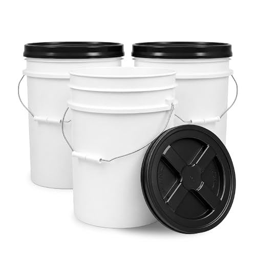 5 Gallon Bucket - Food Grade w/Lid BPA-Free, White/Black, 3 | Airtight Gamma Seal Screw-On Lid, Heavy-Duty 90 Mil HDPE Plastic, Food Safe and Durable Container, Bulk Storage, Made in USA - color: White/Black, size: 3 Packs