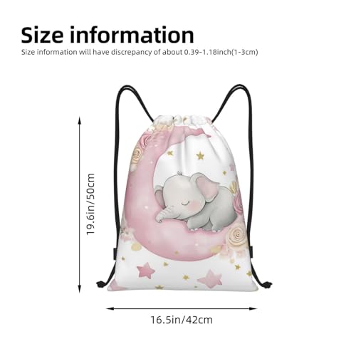 Cute Elephant on Pink Crescent Moon Drawstring Bags Reusable Polyester Durable Lightweight Storage Bags for Travel Gym Promotional Events Daily Organization