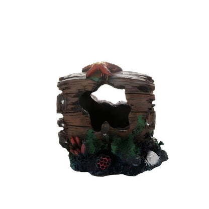 Aquarium Decoration Resin Sunken Wooden Barrel Hidden cave, Fish Tank Decoration with Starfish and Coral Decoration, Aquarium Accessories, 4.5 x 3.9 x 4.5 inches