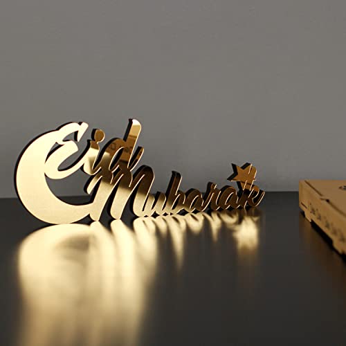 IWA Concept | Wooden Acrylic Islamic Tabletop Decors | Ramadan Kareem and Eid Mubarak Decoration | Islamic Muslim Gifts | Ramadan Eid Decoration | (Eid Mubarak-2, Gold)