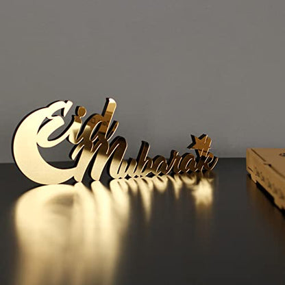 IWA Concept | Wooden Acrylic Islamic Tabletop Decors | Ramadan Kareem and Eid Mubarak Decoration | Islamic Muslim Gifts | Ramadan Eid Decoration | (Eid Mubarak-2, Gold)