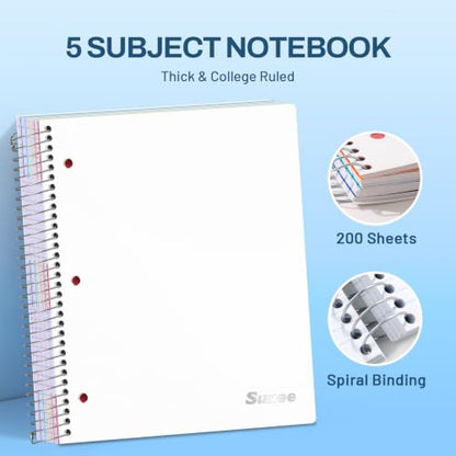 SUNEE 5 Subject Notebook College Ruled - 400 Pages, 9"x11", 5 Pocket Colored Dividers, 3-Hole Punched Paper, White - color: White, style: College Ruled