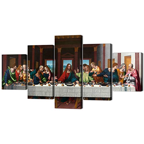 The Last Supper Painting Prints on Canvas Last Supper Wall Art Decor for Living Room Modern 5 Panels Jesus Pictures Posters Giclee Gallery Wrap Artwork Stretched Framed Ready To Hang (60''Wx32''H) - color: Artwork-01, size: 60''Wx32''H