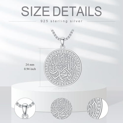 Islamic Pendant Necklace for Men Women Sterling Silver Allah Necklace Muslim Islam Pendant Jewelry Gift for Father Men Women - 22+2 In Stainless Steel Chain