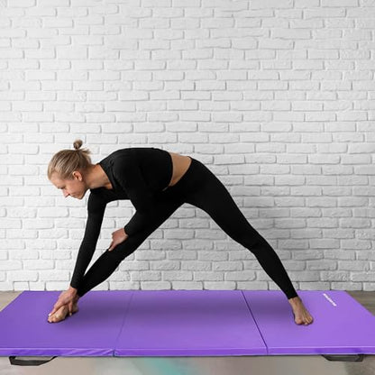 BalanceFrom 6x2 Feet 3-Panel Folding Gymnastics Mat – 1.5-Inch Thick Pad with Vinyl Surface and Carrying Handles for Tumbling, Yoga, Pilates, Home Workouts, and Martial Arts - color: Purple