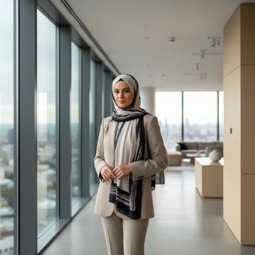Hijab Modest and Elegant | Beautifully Designed Printed Chiffon Patterns | Muslim Women Head Scarf and Veil - color: Beige B