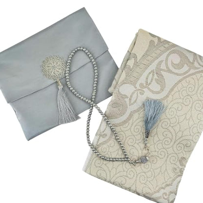 BABY SHOWER CHOCOLATE Muslim Prayer Rug and Tasbeeh Set with Portable Premium Shantung Bag – Soft Janamaz Sajadah for Men & Women – Islamic Gift for Ramadan, Eid, Hajj, Umrah – Travel Prayer Mat - color: Grey