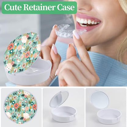 Retainer Case, Denture & Orthodontic Aligner Case With Mirror & Ventilation,Light Green Flower - color: Light Green Flower