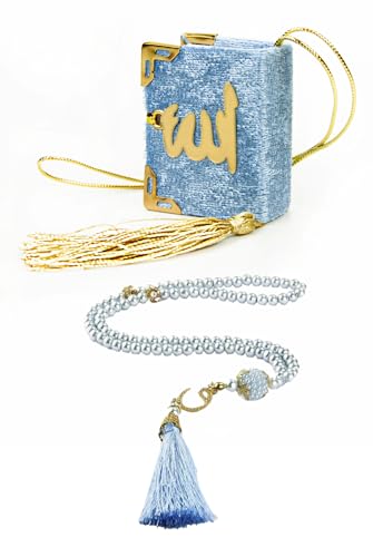 ihvan online Mini Velvet Quran Set with Islamic Finger Counter, Portable Digital Tasbeeh, Muslim Prayer Beads, Pearl Zikirmatic Beads, 3 Pieces Gift Set for Mevlüt (Blue) - color: Blue