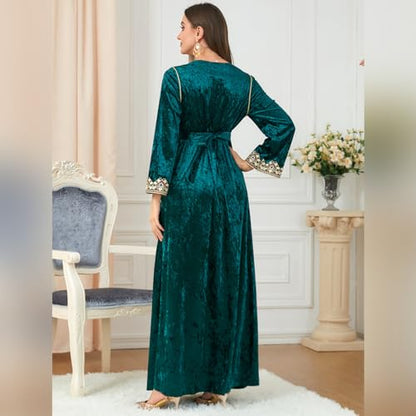 IDOPIP Muslim Women Velvet Dress Embroidery Abayas Long Sleeve V-Neck Moroccan Maxi Kaftan Dubai Robe Arabic Islamic Clothing - color: Dark Green, size: Medium
