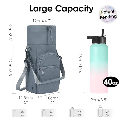 sportsnew 40oz Insulated Crossbody Water Bottle Bag Gym Hiking Phone Pocket | Water-resistant Lining, Padded Strap, Top Handle, Drawstring, Phone Pocket, Elastic Slots, Built-In Key Clip for Gym Walking - color: Quilt Blue