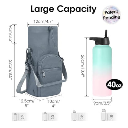 sportsnew 40oz Insulated Crossbody Water Bottle Bag Gym Hiking Phone Pocket | Water-resistant Lining, Padded Strap, Top Handle, Drawstring, Phone Pocket, Elastic Slots, Built-In Key Clip for Gym Walking - color: Quilt Blue