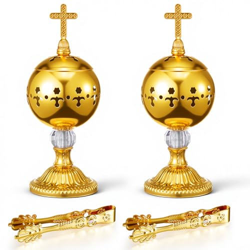Zonon 2 Sets Gold Incense Burner with Tong, Frankincense Charcoal Incense Stand Holder, Ideal for Yoga, Spa, Aromatherapy, Home and Christian Church Censer (Retro) - color: Gold, size: Retro
