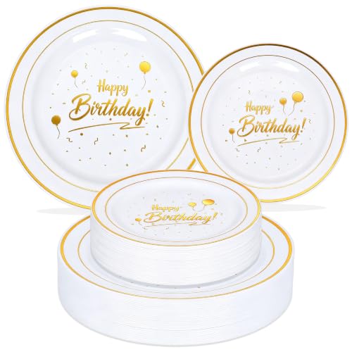 100 Pcs White Gold Plastic Dinnerware Set,Happy Birthday Disposable Plates - color: White Gold