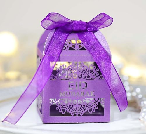 Steedna 50 Pack Square Chocolate Gift Box Hollow Out EID Wedding Party Favors Laser Cut Candy Boxes MUBARAK Party Favors Chocolate Box Ideal for Weddings, Birthdays & Anniversaries (Purple) - color: Purple