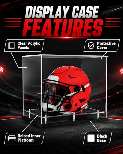 Football Helmet Display Case Full Size, Clear Acrylic Case with Black Base | Full size helmet display case for football, baseball or motorcycle helmets, clear acrylic, black base, self-assembly design. - size: Football Helmet Display Case