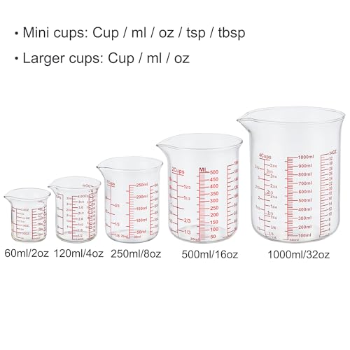 Ackers High Borosilicate Glass Measuring Cup Set with Pour Spout,60ml(2OZ),120ml(4OZ), 250ml(8OZ), 500ml(16OZ), 1000ml(32OZ) Glass Measuring Beaker for Kitchen or Restaurant, Easy to Read - size: 2oz/4oz/8oz/16oz/32oz Measuring Cup Set