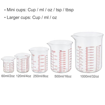 Ackers High Borosilicate Glass Measuring Cup Set with Pour Spout,60ml(2OZ),120ml(4OZ), 250ml(8OZ), 500ml(16OZ), 1000ml(32OZ) Glass Measuring Beaker for Kitchen or Restaurant, Easy to Read - size: 2oz/4oz/8oz/16oz/32oz Measuring Cup Set