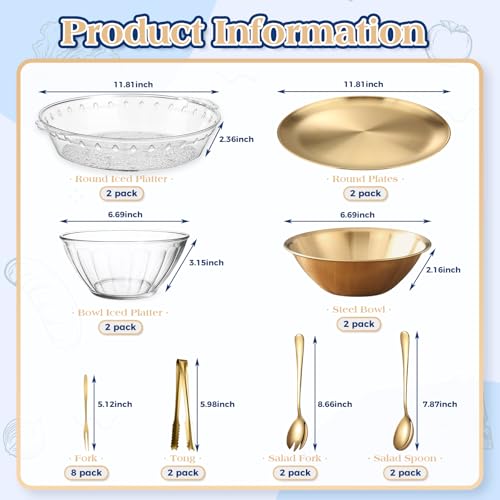 4 Set Gold Chilled Serving Tray and Dip Bowl for Parties, Chilled Serving Bowl Veggie tray Shrimp Cocktail Serving Dish with Salad Spoon & Fork, Tong and Forks for Fruit Seafood Vegetable Appetizer