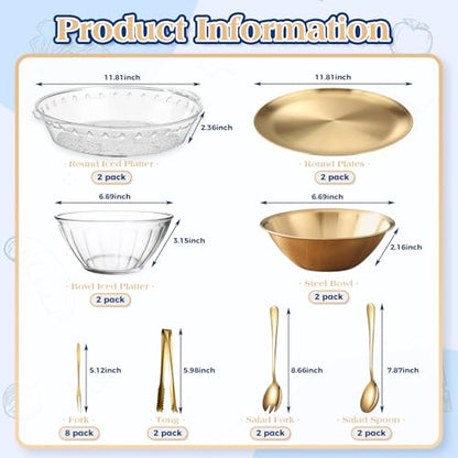 4 Set Gold Chilled Serving Tray and Dip Bowl for Parties, Chilled Serving Bowl Veggie tray Shrimp Cocktail Serving Dish with Salad Spoon & Fork, Tong and Forks for Fruit Seafood Vegetable Appetizer